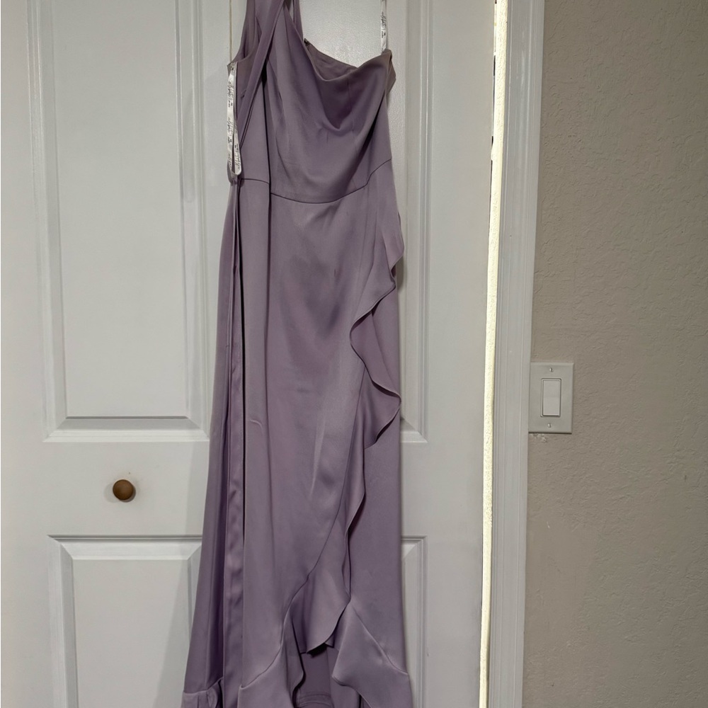 David's Bridal One-Shoulder Ruffle Lavender Gown